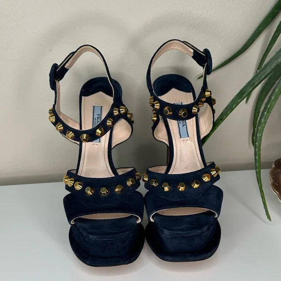 PRADA Navy Blue Suede Gold Stud Platform Sandals Heels 37.5 Italy - Picture 6 of 13